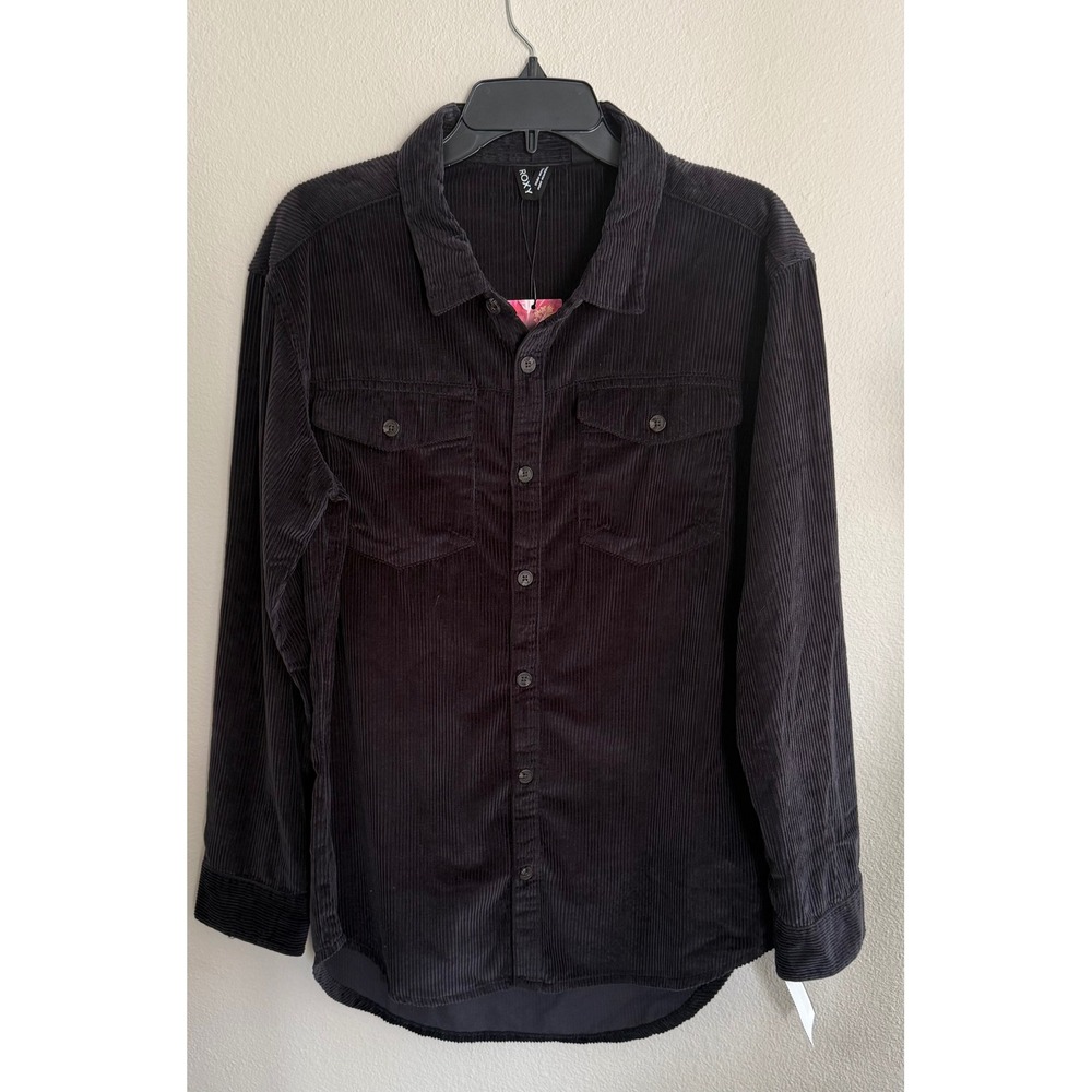 Roxy Corduroy Long Sleeve Button Up Shirt Black Relaxed Boyfriend Fit Size M